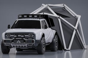 一顶HEIMPLANET测地线帐篷集成在这辆4WD电动卡车中，让你随时准备好冒险!