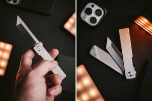 经典的钛EDC口袋刀有一个磁铁嵌入的分裂手柄设计和tanto风格的刀片