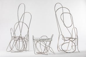 Experimental + playful furniture collection made from plated steel looks like pieces of contorted paper clips