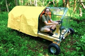 DIY爱好者搭乘坦克踏板搭建小电机漫步并住在林中